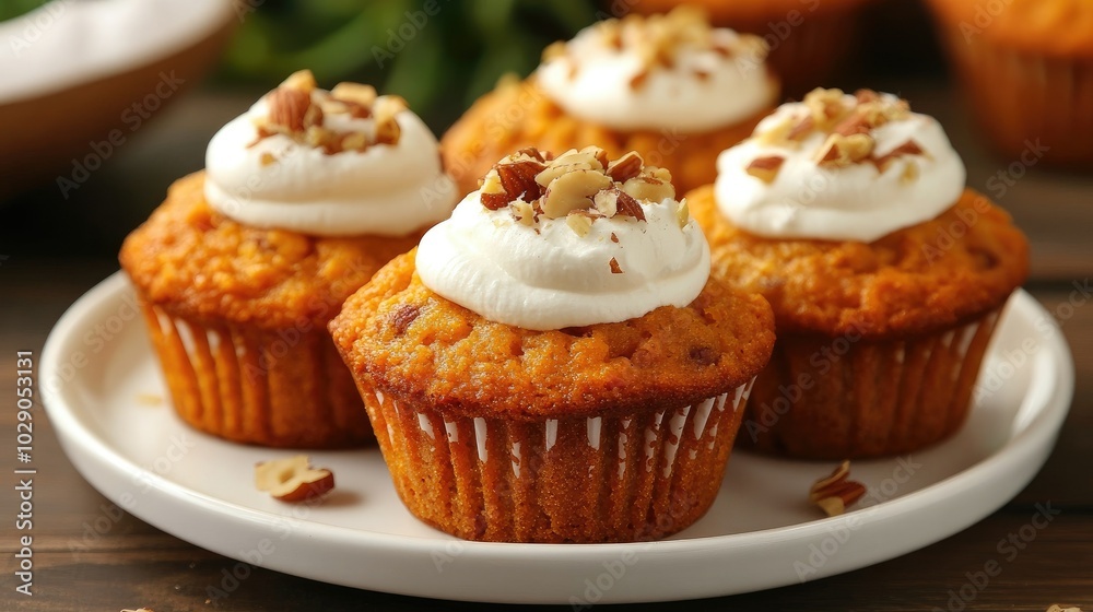 Brightly colored vegan carrot muffins with a sprinkle of nuts and dollops of cream served on a white plate, ideal for promoting healthy eating. Brightly colored vegan carrot muffins with a sprinkle of nuts and dollops of cream served on a white plate, ideal for promoting healthy eating.