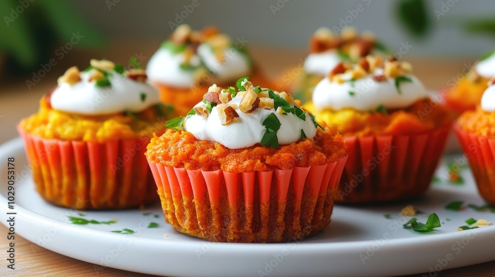 Brightly colored vegan carrot muffins with a sprinkle of nuts and dollops of cream served on a white plate, ideal for promoting healthy eating. Brightly colored vegan carrot muffins with a sprinkle of nuts and dollops of cream served on a white plate, ideal for promoting healthy eating.