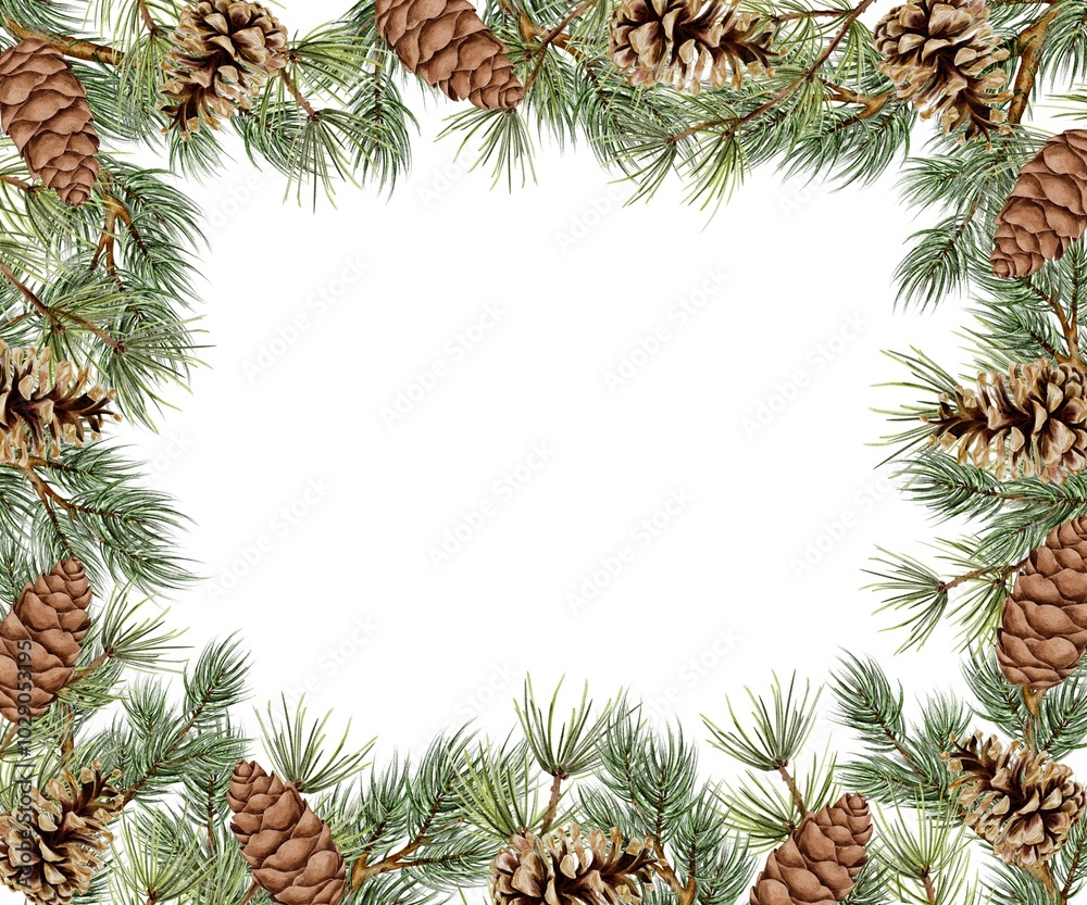 Christmas spruce and pine branch with cones Watercolor frame template on white. Hand drawn illustration for New Year and winter holidays designs in realistic style. Christmas spruce and pine branch with cones Watercolor frame template on white. Hand drawn illustration for New Year and winter holidays designs in realistic style.