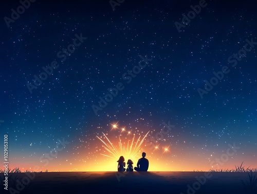 A serene family moment under a starry sky, watching colorful fireworks illuminate the horizon at dusk.