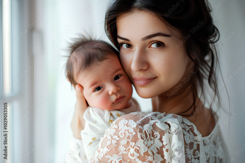 Close up portrait of a beautiful young mother holding a newborn baby in her arms. The woman is looking at the camera and smiling, concept conveys warm family love and care for children. Close up portrait of a beautiful young mother holding a newborn baby in her arms. The woman is looking at the camera and smiling, concept conveys warm family love and care for children.