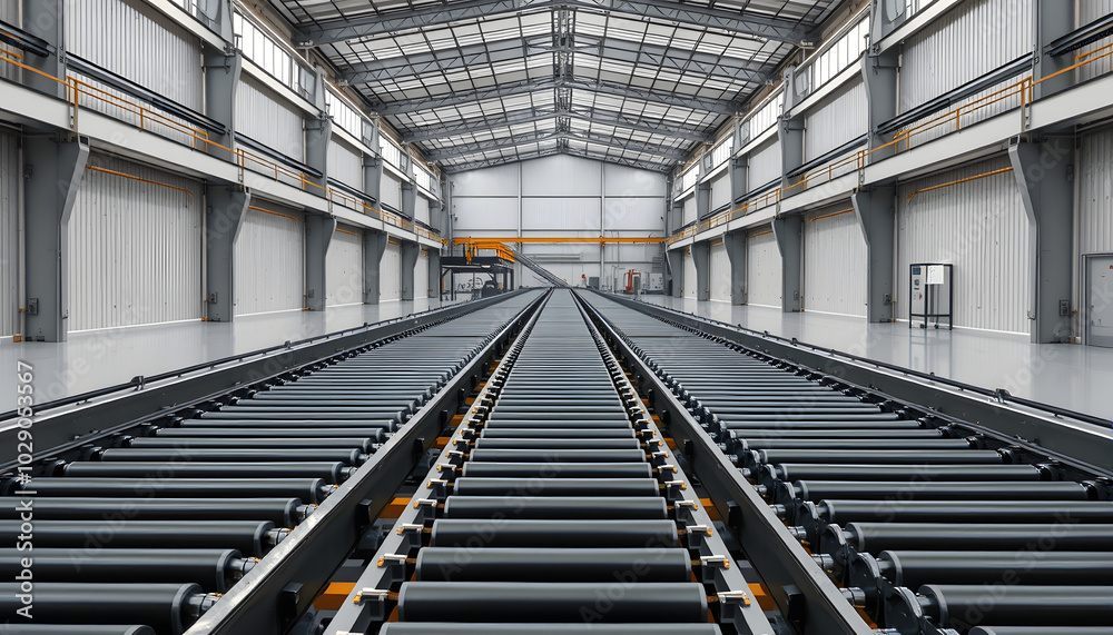 Fototapeta premium Empty production line. Multi-tier conveyor inside building. Production line inside large hangar. Conveyor of rotating rollers. Production facility without people. Conveyor belt. 3d image isolated wi