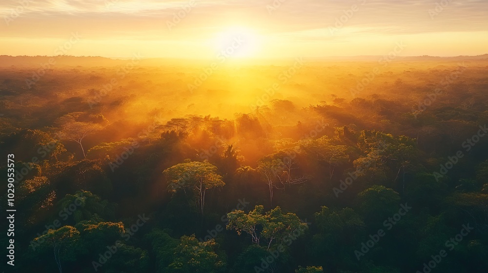 Vibrant Amazon Rainforest at Dusk, Lush green canopy under a stunning sunset, Aerial perspective capturing the serene beauty and adventure of nature's wilderness. Vibrant Amazon Rainforest at Dusk, Lush green canopy under a stunning sunset, Aerial perspective capturing the serene beauty and adventure of nature's wilderness.