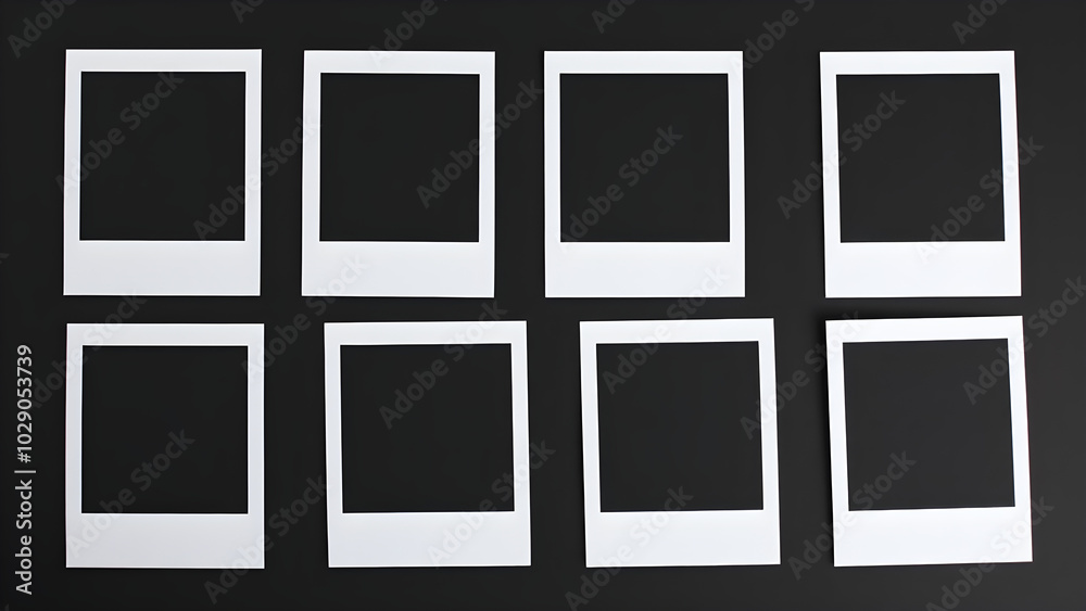 Empty Polaroid frames arranged on black background in two rows, Generative AI Empty Polaroid frames arranged on black background in two rows, Generative AI