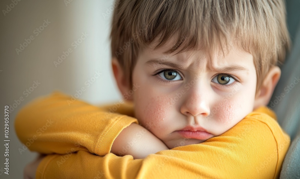 A young boy with a sad expression. A young boy with a sad expression.