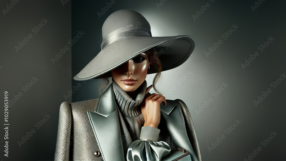 Portrait of a fashion model wearing a stylish hat and gray-toned outfit. High fashion poster	
