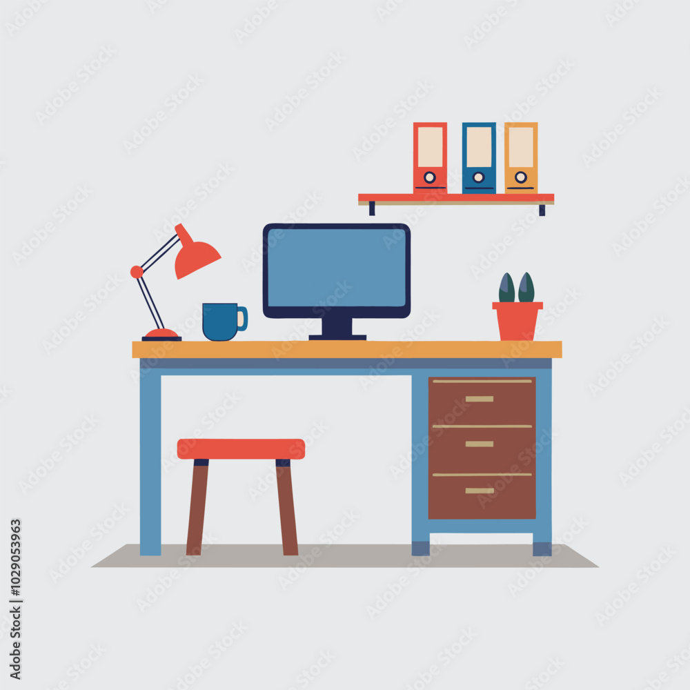 computer desk illustration, work place vector. computer with table