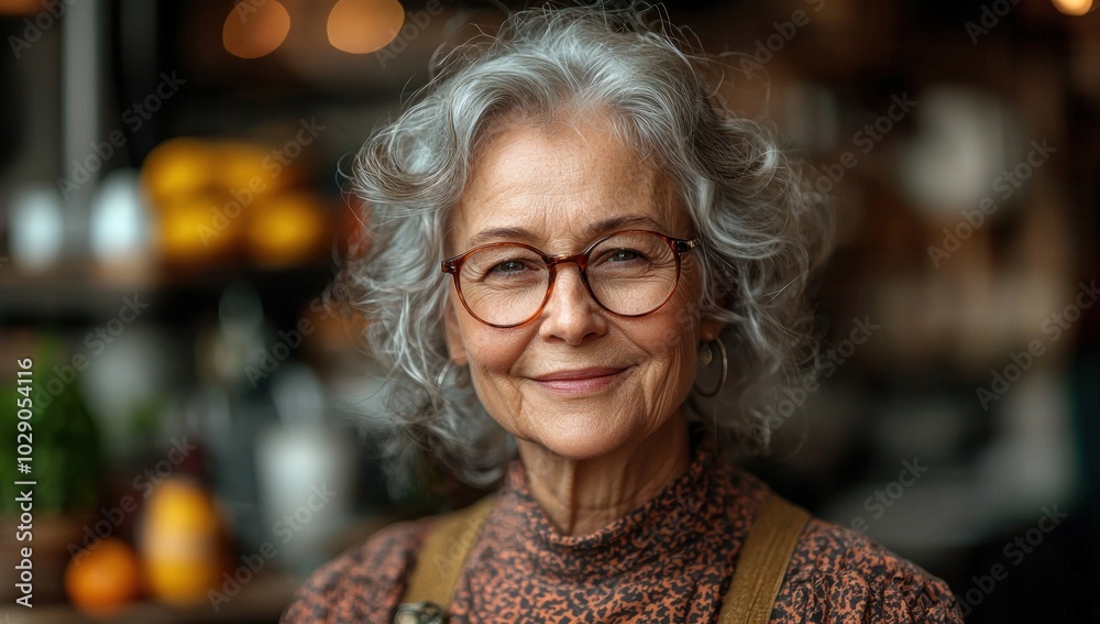 Smiling mature woman with gray hair and glasses in soft lighting with a bokeh background Generative AI Smiling mature woman with gray hair and glasses in soft lighting with a bokeh background Generative AI