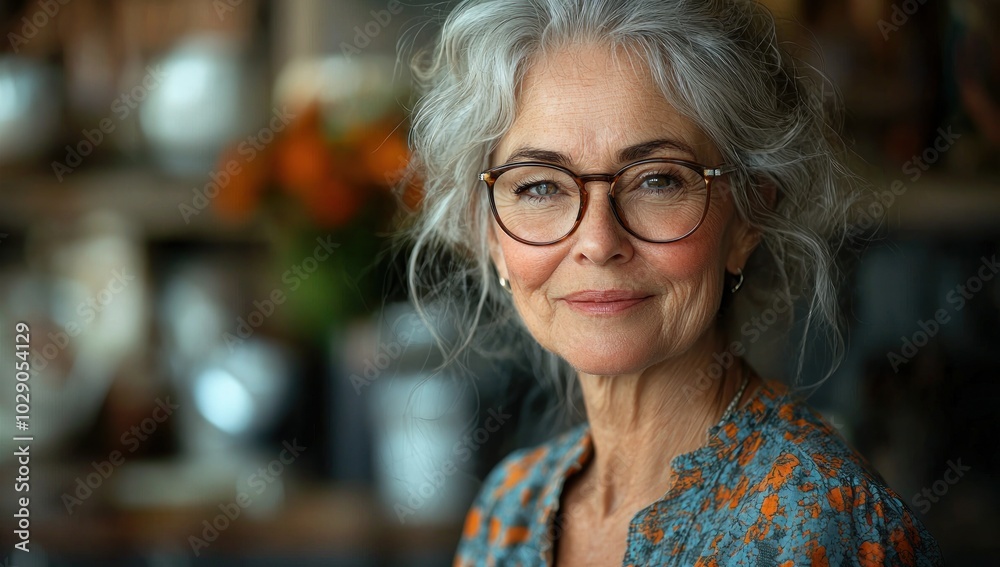Smiling mature woman with gray hair and glasses in soft lighting with a bokeh background Generative AI Smiling mature woman with gray hair and glasses in soft lighting with a bokeh background Generative AI