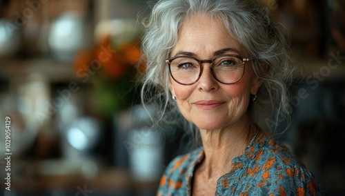 Smiling mature woman with gray hair and glasses in soft lighting with a bokeh background Generative AI