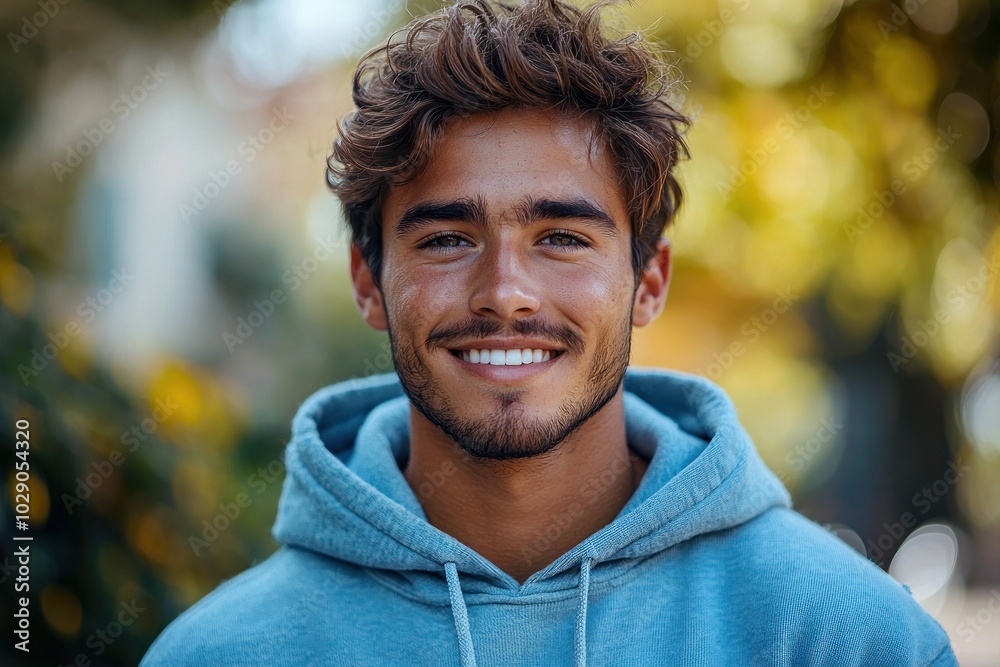 Smiling young man with light beard in blue hoodie standing outdoors with yellow flowers in the background Generative AI Smiling young man with light beard in blue hoodie standing outdoors with yellow flowers in the background Generative AI