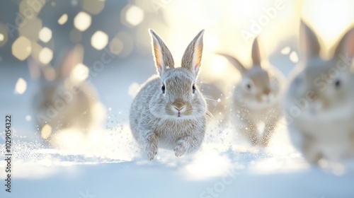 Snowy Meadow Frolic: Rabbits Playing in Winter Wonderland with Cinematic Light Effects photo