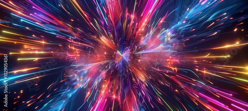 Vibrant Neon Fireworks Burst Against Dark Sky Creating a Festive New Year Atmosphere