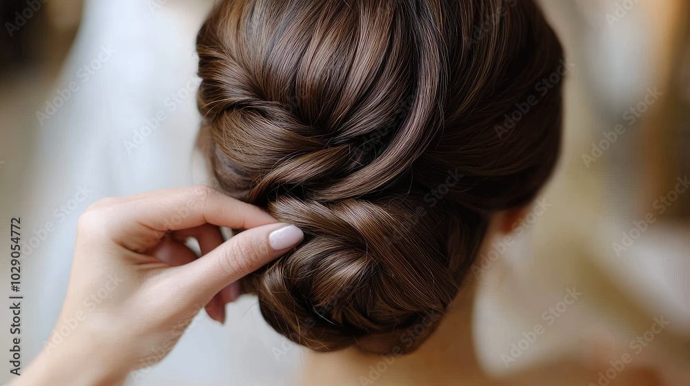 Obraz premium Close-up of a hairstylist's hands forming a chic updo, focusing on the elegance and detail of the process