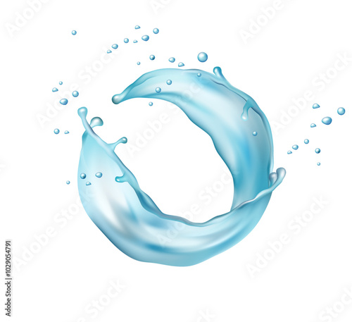Clean water splashes, transparent aqua swirls, falling water drops. Pure mineral water splatter, circle with bubbles, splashing texture motion. Fresh drink splitter, purity flow vector illustration