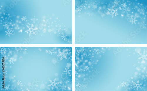 Abstract Christmas background set with snowflakes, bubbles and shining particles. Vector realistic winter themed prints collection. Snowfall templates for holiday decorations and greeting cards