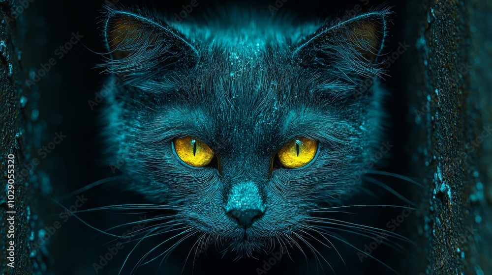 Mysterious Black Cat with Glowing Eyes in the Dark Mysterious Black Cat with Glowing Eyes in the Dark