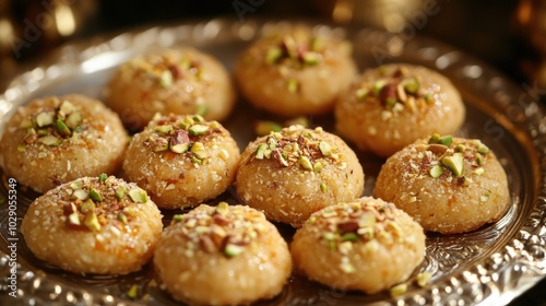 Close-up of almond Pedha sweets arranged on a silver tray, garnished with crushed pistachios, against a backdrop of traditional Indian decor