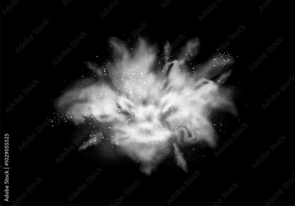 Freeze motion of white dust explosion on black background. Vector isolated realistic flour or sand burst, splash of paint. Holi festival throwing dye, flour or steam, mist or fog effect