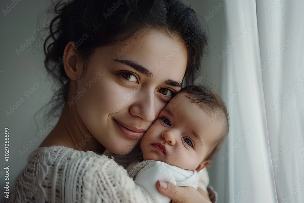 Close up portrait of a beautiful young mother holding a newborn baby in her arms. The woman is looking at the camera and smiling, concept conveys warm family love and care for children. Close up portrait of a beautiful young mother holding a newborn baby in her arms. The woman is looking at the camera and smiling, concept conveys warm family love and care for children.