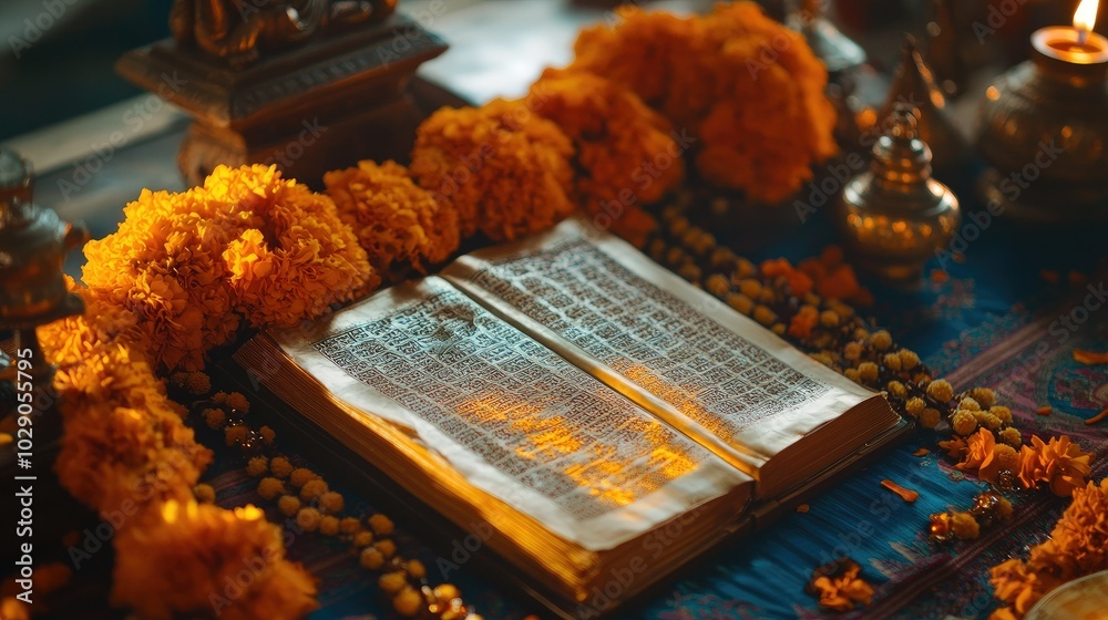 Close-up of Bhagavad Gita on an ornate altar with vibrant marigold flowers, beads, and a soft glow of oil lamps. Close-up of Bhagavad Gita on an ornate altar with vibrant marigold flowers, beads, and a soft glow of oil lamps.