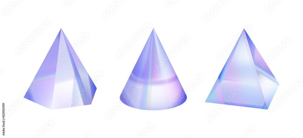 Transparent triangles 3D glass holographic objects. Vector isolated set of gradient figures, holographic background illustration. Creative geometry shapes, trendy hologram isolated on white