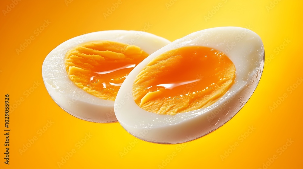 Two halves of a boiled egg with a soft yolk on a bright yellow background. Bright colors highlight the appetizing appearance of the dish for use in culinary and dietary publications.