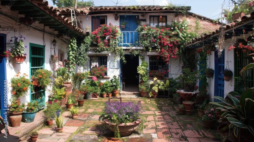 Charming and vibrant courtyard filled with a rich array of colorful potted plants and blooming flowers, embracing the rustic beauty of traditional architecture Charming and vibrant courtyard filled with a rich array of colorful potted plants and blooming flowers, embracing the rustic beauty of traditional architecture