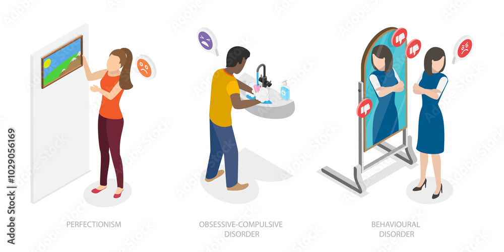3D Isometric Flat Illustration of Obsessive-compulsive Disorder, OCD 3D Isometric Flat Illustration of Obsessive-compulsive Disorder, OCD