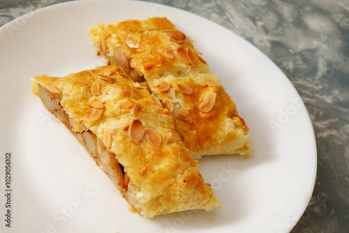 Pear strudel on plate