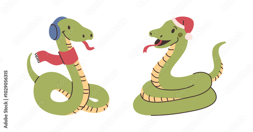 Naklejka premium Snakes wearing winter clothes. Vector in flat style, isolated personages for christmas holiday. Greeting postcard decoration or emoticon, sticker. Serpent with scarf and santa claus hat