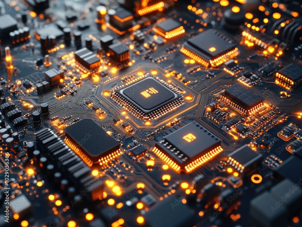 Futuristic circuit board with glowing microchips and technological details Futuristic circuit board with glowing microchips and technological details
