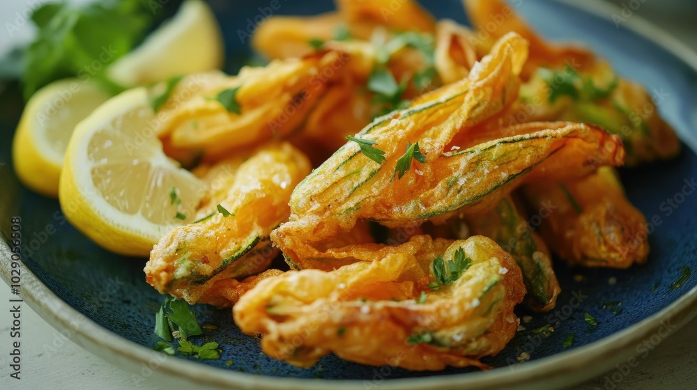 Close-up of crispy zucchini flowers fried to perfection, arranged on a ceramic plate with a side of lemon wedges Close-up of crispy zucchini flowers fried to perfection, arranged on a ceramic plate with a side of lemon wedges