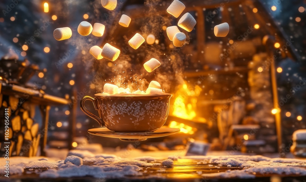 A cup of hot cocoa with marshmallows, in front of A cup of hot cocoa with marshmallows, in front of