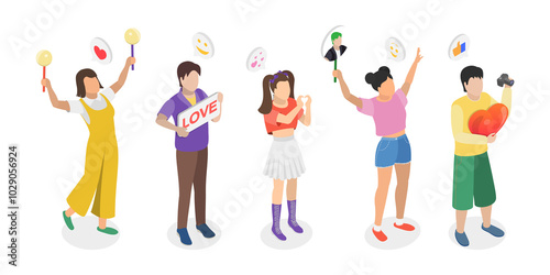 3D Isometric Flat  Illustration of K Pop Music Fans, Supporters displaying placards at event.