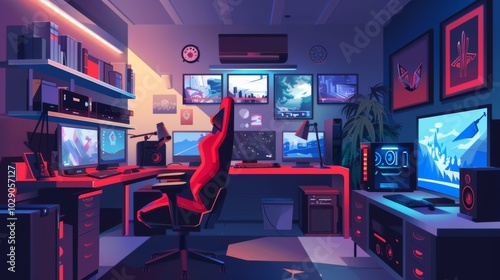 Modern Gaming Studio with Multiple Screens and Equipment