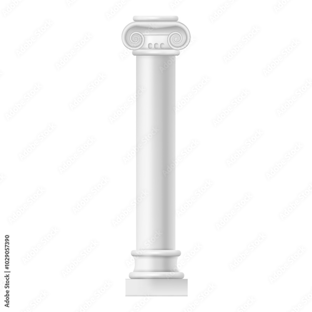 Cylindrical realistic column of marble with smooth, textured surfaces. Vector Ionic pillar with scrolls, stone carvings and ornaments. Antique architecture, historical building exterior design element Cylindrical realistic column of marble with smooth, textured surfaces. Vector Ionic pillar with scrolls, stone carvings and ornaments. Antique architecture, historical building exterior design element