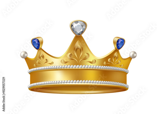 Golden of crown with diamonds, sign of crowning prince authority, medieval treasure icon. Vector monarchy crown with gemstones diamonds, royal power, wealth and authority sign
