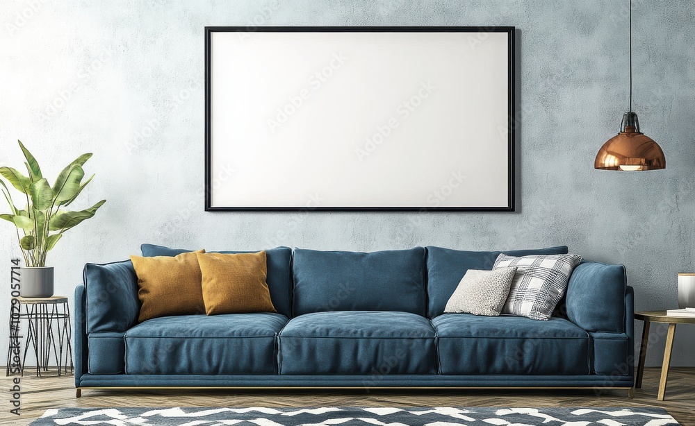 A stylish living room with a blue sofa, pillows, and decor.