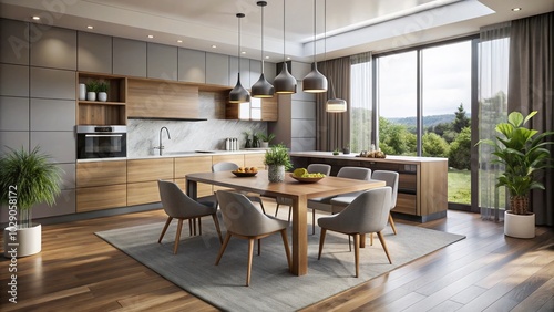 Wallpaper Mural Modern Minimalist Kitchen Dining Area with Elegant Bar Counter and Contemporary Furniture Torontodigital.ca