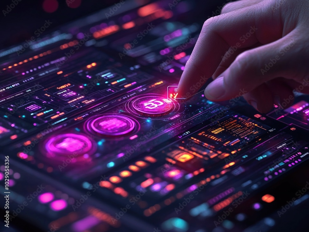 Futuristic touchscreen interface with glowing holographic elements