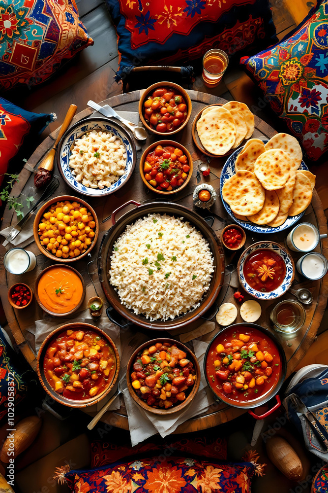A shot of a Moroccan feast with couscous, tagines, tortillas and side dishes on a wooden table surrounded by colorful pillows. Stylish food photography with mint tea, rich natural tones A shot of a Moroccan feast with couscous, tagines, tortillas and side dishes on a wooden table surrounded by colorful pillows. Stylish food photography with mint tea, rich natural tones