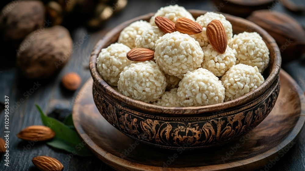 Close-up of traditional Indian Ladoo sweets arranged in a decorative bowl, garnished with almonds, served on a wooden platter during festival season Close-up of traditional Indian Ladoo sweets arranged in a decorative bowl, garnished with almonds, served on a wooden platter during festival season