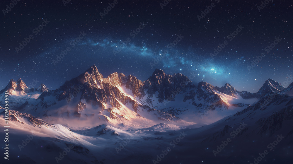 Snow-covered mountain peaks under a clear, starry sky, with the Milky Way stretching across the horizon, creating a breathtaking and cinematic night scene. Snow-covered mountain peaks under a clear, starry sky, with the Milky Way stretching across the horizon, creating a breathtaking and cinematic night scene.