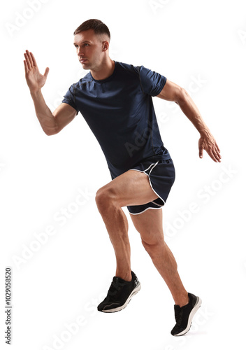 Man in sportswear running on white background