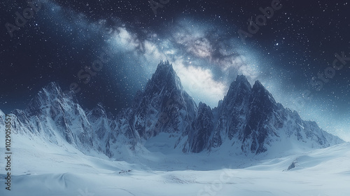 Snow-covered mountain peaks under a clear, starry sky, with the Milky Way stretching across the horizon, creating a breathtaking and cinematic night scene.