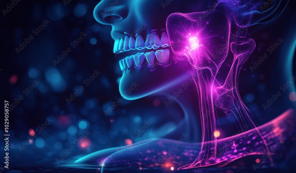 Fototapeta premium Digital illustration highlighting jaw pain with vibrant colors and anatomical details