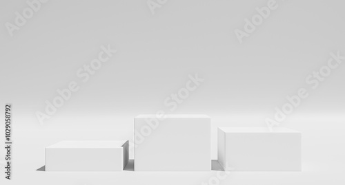 Minimalist white podiums create clean and modern display for products, perfect for showcasing items in stylish way. simplicity enhances focus on products