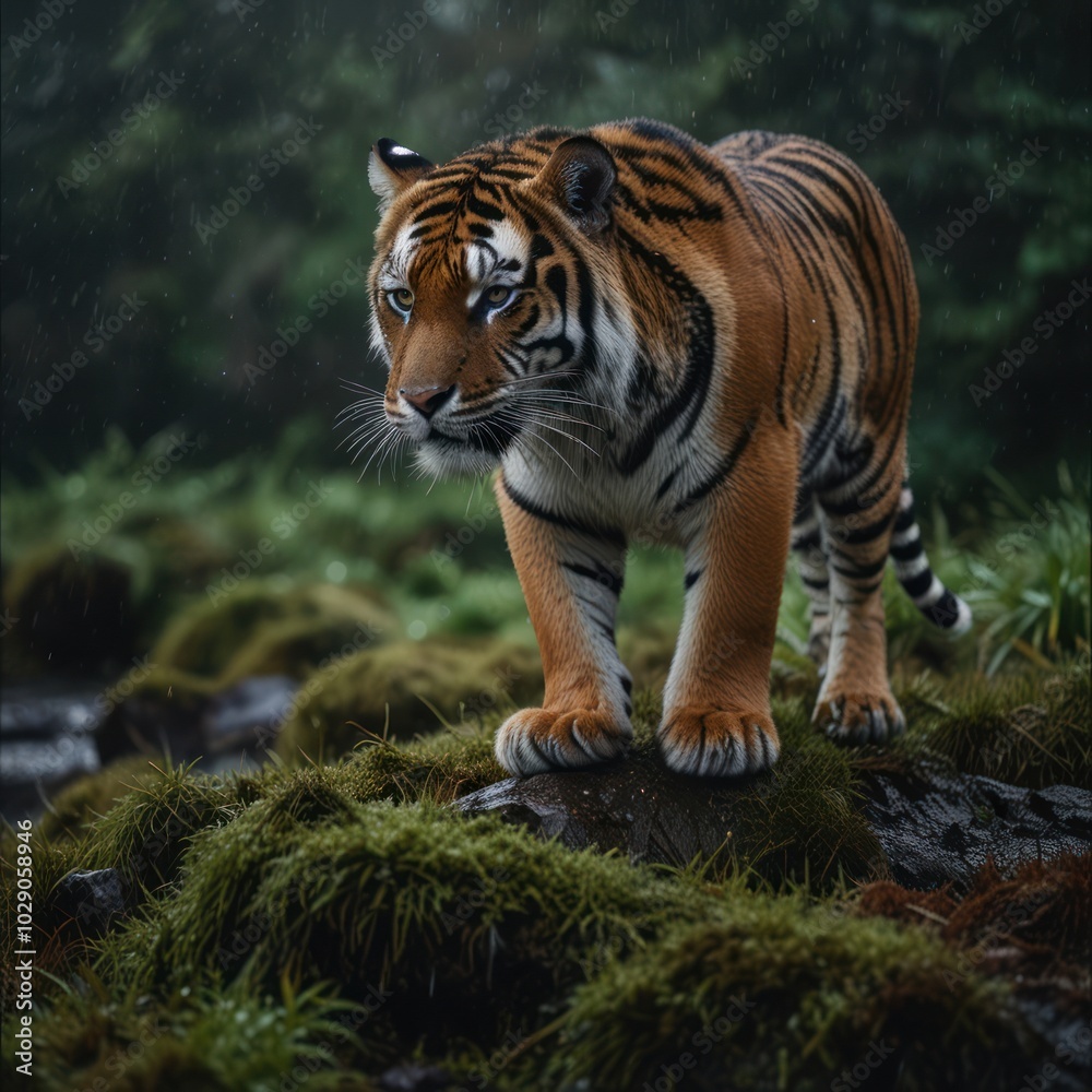 A majestic Bengal tiger stands on a mossy rock in a lush green forest. Its piercing blue eyes stare intently at something beyond the frame. A majestic Bengal tiger stands on a mossy rock in a lush green forest. Its piercing blue eyes stare intently at something beyond the frame.