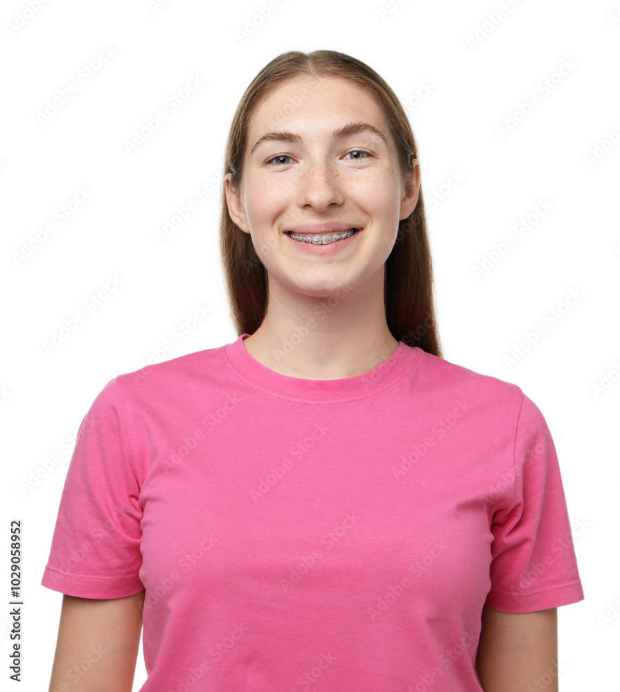 Smiling girl with braces on white background Smiling girl with braces on white background